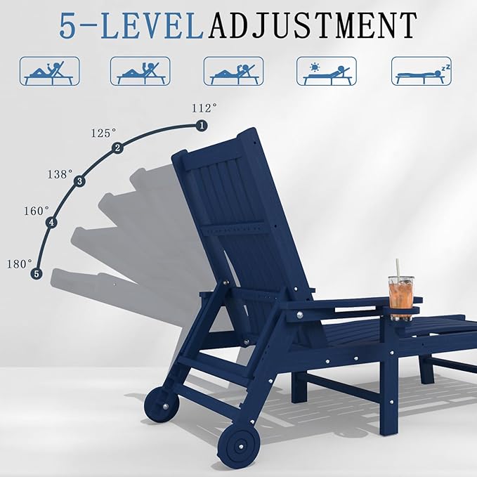 Patio Chaise Lounge Chair, Oversized Lounge Chair Outdoor with 5 Positions, HDPE, Patio Lounge Chair with Wheels & Cup Holder for Pool, Deck, Poolside,Navy Blue