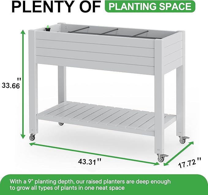 Raised Garden Bed with Legs, 33.66" Tall Self-Watering Resin Planter Box with Lockable Wheels Drainage Plug and Gauge for Vegetables, Flowers, Storage Shelf for Tools and Accessories (Ashen)
