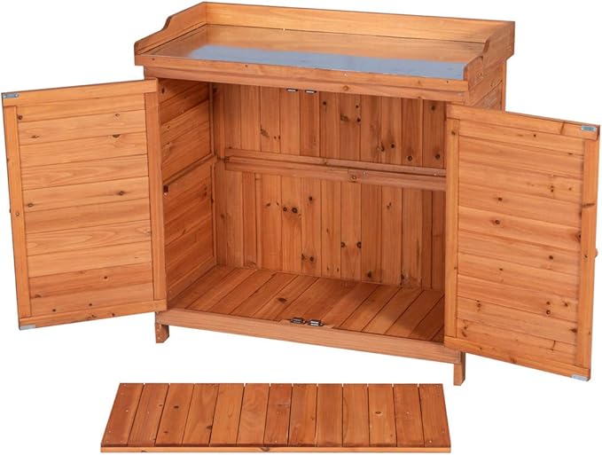 GDLF Outdoor Garden Patio Wooden Storage Cabinet Furniture Waterproof Tool Shed with Potting Benches Outdoor Work Station Table (Natural)