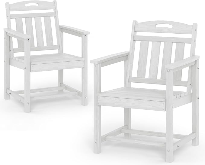 Patio Chairs Set of 2, HDPE Outdoor Dining Chairs with Wide Seat, All Weather Oversized Porch Chair for Garden, Backyard, Deck - White