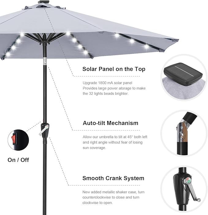 ABCCANOPY Durable Solar Led Patio Umbrellas with 32LED Lights 9FT (Light Gray)