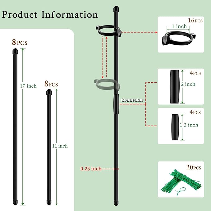 Plant Stakes 17inch &11inch SupKing Adjustable Length Plant Support Stake 16Pcs Orchid Sticks with Clips for Indoor Outdoor,Garden Poles for Potted Tomato Amaryllis Vegetables with 20 Ties (Black)