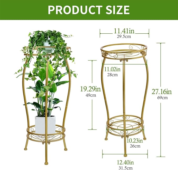 Plant Stand Indoor Outdoor 2 Tier 27'' Tall Metal Potted Rack Flower Pot Stand Heavy Duty Rustproof Iron Multiple Plant Supports for Garden Balcony Patio (Golden)
