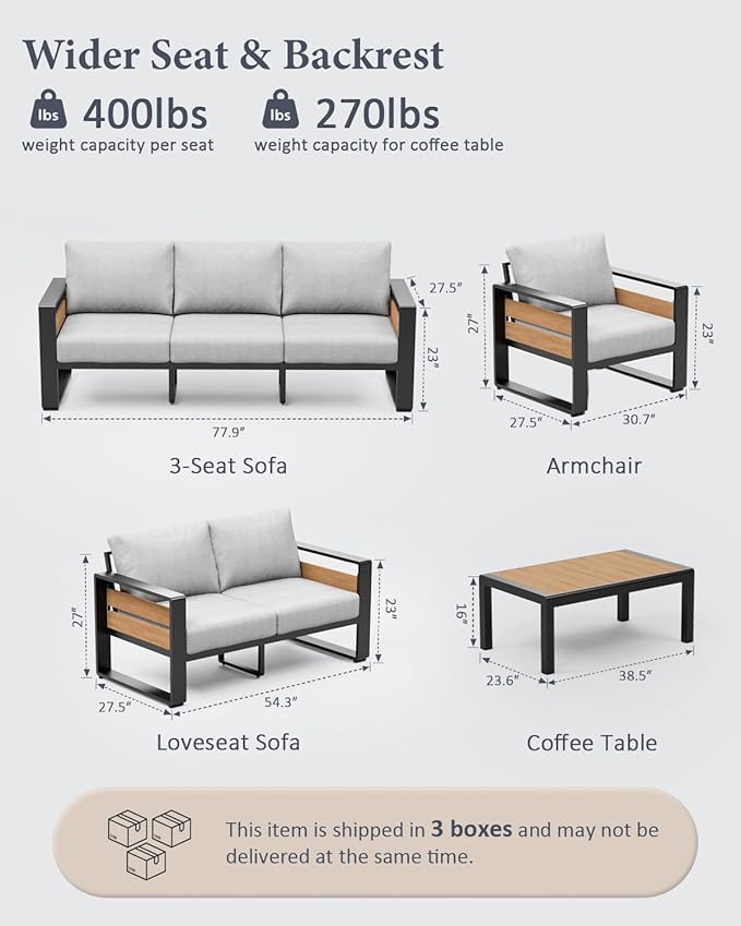 ZANDOR Outdoor Patio Conversation Sets, 4-Piece Aluminum Metal Outside Sectional Lawn Furniture with Coffee Table & Washable Thick Cushions,Seating Sofa for Garden/Backyard/Porch, Grey