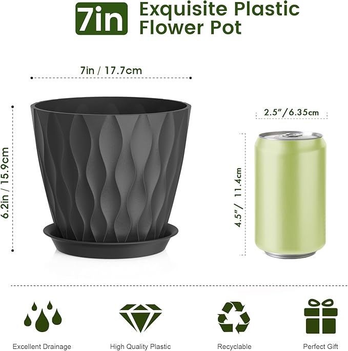 7 inch Plant Pots for Indoor Outdoor Plants, 5 Pack Thick Flower Pots with Drainage Holes and Saucers, 3D Modern Wave Texture Plastic Planter Pots for House Plants, Black