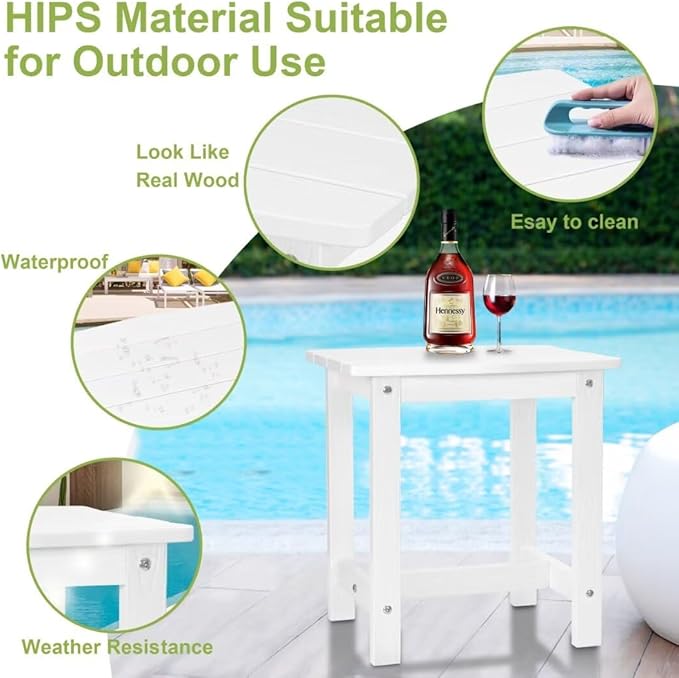 Y&M Outdoor Side Table, HIPS Adirondack Small Single Table, Waterproof Square Outside Table, Balcony Modern End Tables for Patio, Pool, Beach, Porch, Deck, Indoor or Outdoor Use, White