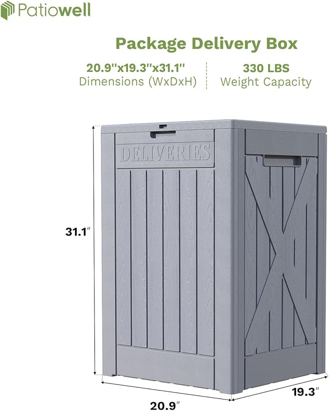 Patiowell 48-Gallon Resin Package Delivery Box for Outside, Waterproof Storage Deck Box with Lockable Secure (Grey)