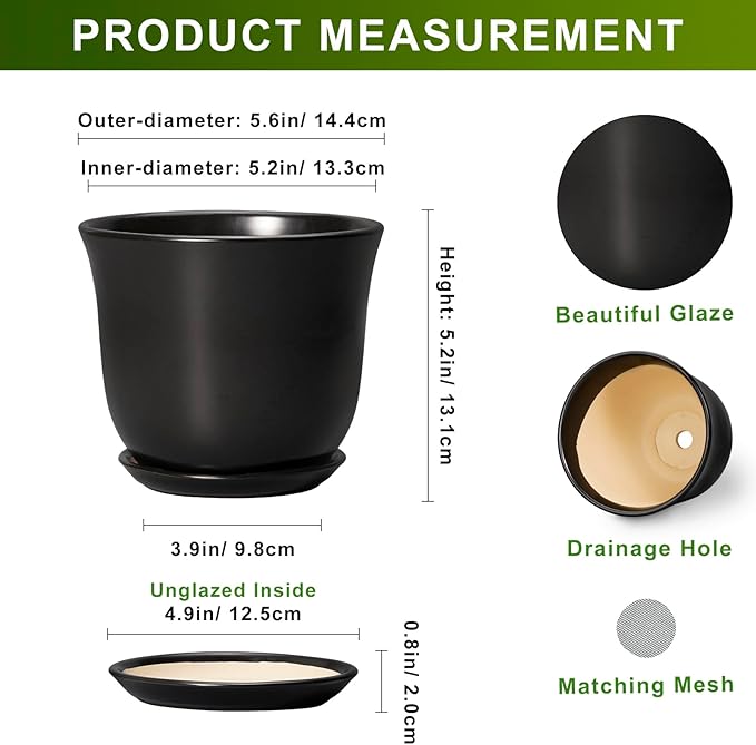 Ceramic Planter - 5.6 Inch Plant Pot for Indoor Outdoor, Round Succulent Pots with Drainage Hole and Saucer, Orchid Flower Pot, Modern Planter, Home Office Decor, House Warming Gifts, Black