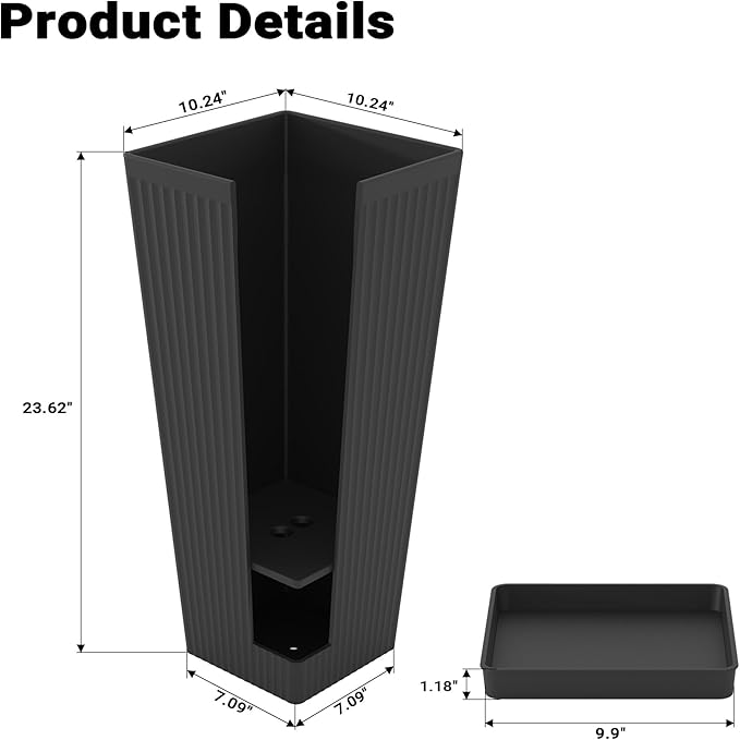 Tall Planters for Outdoor Plants Set of 2, 23.6" Large Taper Flower Plant Pots with Drainage Hole and Drainage Trays, Weather-Resistant Plastic planters for Patio, Porch, Garden, Black