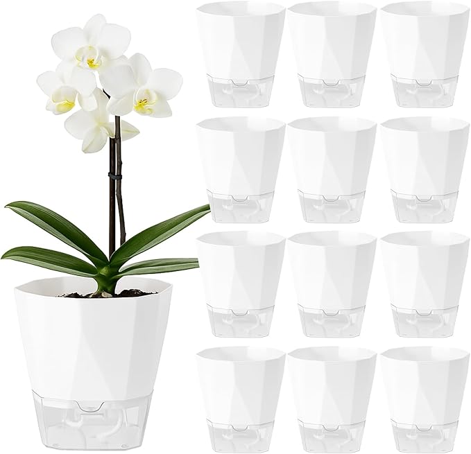 12 Pack Self Watering Plant Pots 6 Inches Self-Watering Planters for Indoor and Outdoor Plants African Violet Succulent Pots Clear Pot for Plants Large Herb Orchid Flower Houseplant Plant, White