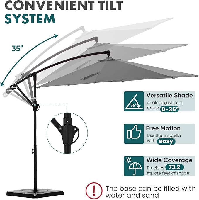 OLIXIS 9.7FT Offset Patio Umbrella with Base, Cantilever Table Umbrellas for Outdoor Sun Shade UV Protection with Easy Tilt Adjustment, 8 Ribs for Backyard, Lawn, Garden, Pool - Grey