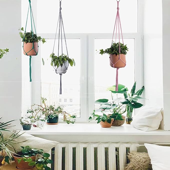 ELANE 6PCS Macrame Plant Hanger Indoor Hanging Planter Basket Decorative Tassels Flower Pot Holder for Indoor Outdoor Home Decor(Pink,Grey,Green)
