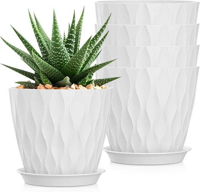 7 Inch Plant Pots 5 Pack, Flower Planters with Drainage Holes and Trays,Plastic Pots for Indoor Outdoor Plants,White