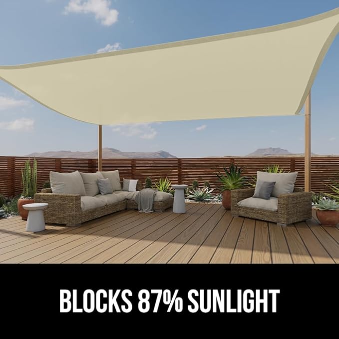 GORILLA GRIP Heavy Duty Sun Shade, UV Protection Fade Tear and Rust Resistant Rectangle Sunshade Canopy, Curved Edges Blocks Sunlight, Breathable Sail, Outdoor Patio, Lawn Garden 10x10 FT Butter Cream