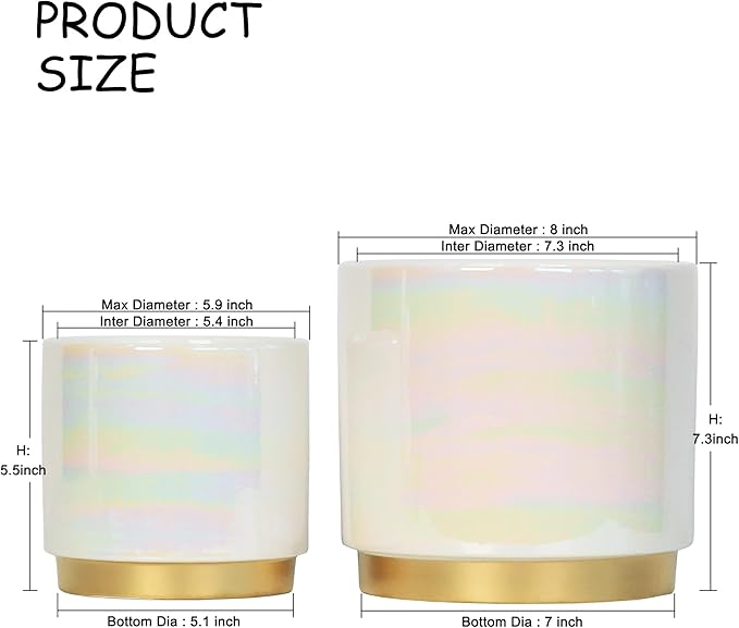 Gepege White Indoor Plant Pots for Plants, Ceramic Planter with Drainage Hole, 7.6 Inch +6 Inch 2pcs Succulent Orchid Flower Pot - Rainbow Pearl Glaze