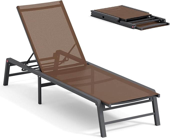 Aluminum Chaise Lounge Chair Outdoor, Foldable Patio Lounge Chair Assemble-Free, Pool Lounge Chairs with 5 Adjustable Backrest, Outdoor Lounge Chairs for Outside Poolside Beach Lawn Brown