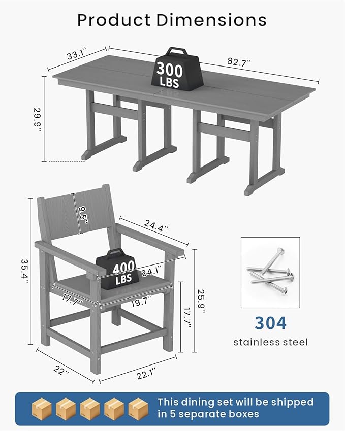 9-Piece Outdoor Dining Set, HDPE Weatherproof Patio Table and Chairs Set for 8, Outdoor Patio Furniture Sets with Umbrella Hole for Outside, Deck, Backyard, Garden (Grey)