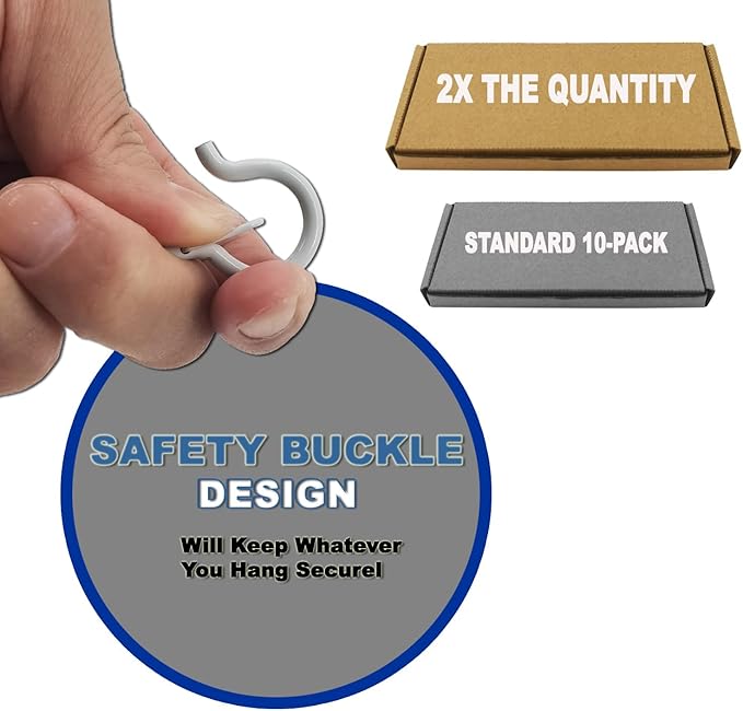20 Pack Q Hanger Hooks with Safety Buckle, Rustproof Screw Hooks for Hanging String Lights, Bird Feeder, Plants, Wind Chimes & Holiday Decorations, Holds Up to 40 lbs（2.2" White Vinyl Coated ）