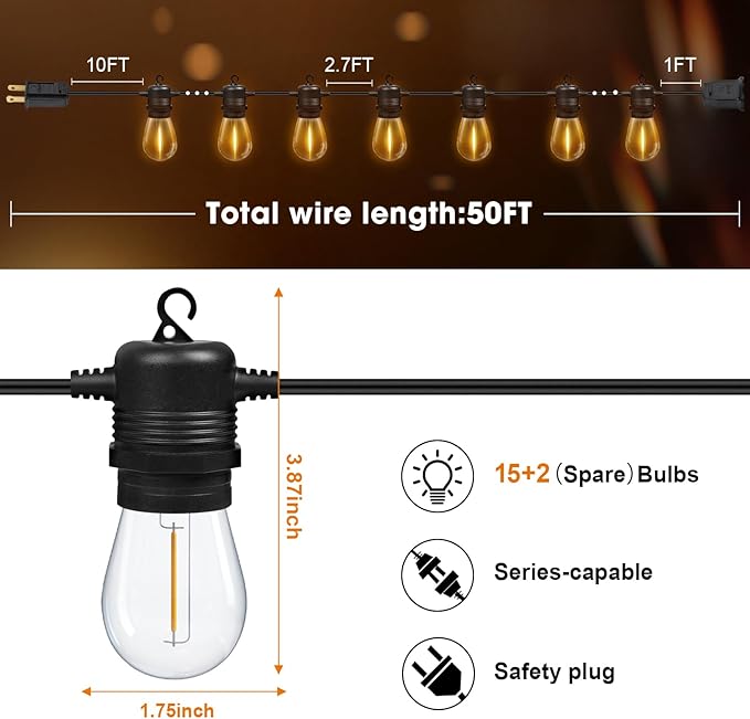 50FT LED Outdoor String Lights with 16 Shatterproof Waterproof S14 Replaceable Bulbs(1 Spare), 2700K Commercial Grade Patio Lights, Outside Hanging Light for Yard Garden Porch Deck Decor
