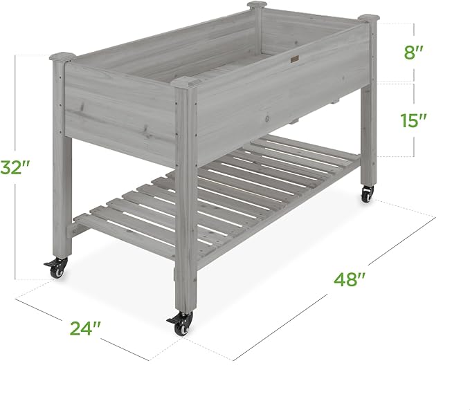 Best Choice Products Raised Garden Bed 48x24x32-inch Mobile Elevated Wood Planter w/Lockable Wheels, Storage Shelf, Protective Liner - Gray