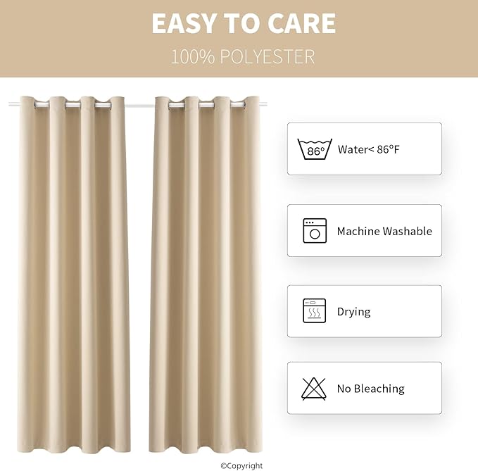 Waterproof Outdoor Curtain W52 x L63 - Grommet Top Sunlight Blocking Window Treatment Drapes Blackout Curtains for Home Bedroom Living Room Patio Porch Pergola Gazebo (Beige, 2 Panels)
