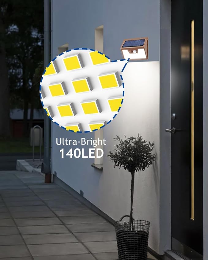 Peasur Solar Lights Outdoor Motion Sensor [1 Pack/140LED/Brown], Ultra-Bright 3 Mode Fence Security Light Waterproof, Solar Wall Lighting for Patio Yard Step House Outside