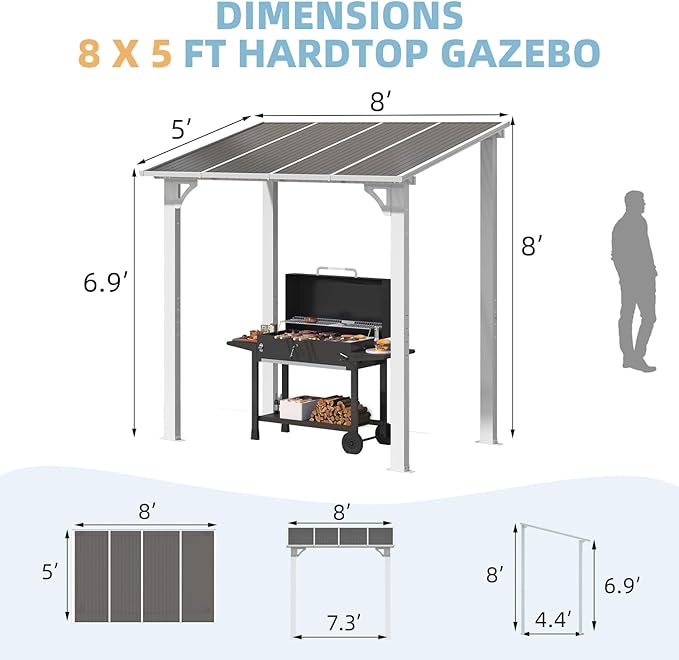 AECOJOY 8' x 5' White Gazebo Outdoor Pergola for Patio, Lean to Hard Top Grill Gazebo Shelter Pergolas and Gazebos Clearance with Roof, Small Wall-Mounted Heavy Duty Awnings for Patio, Decks, Backyard