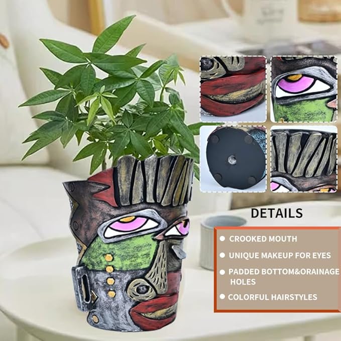 Abstract Face Planters Pots Head,Unique Head Planter for Indoor Plants,Funny Face Flower Pot,Colorful Plant Pots for Outdoor Garden Decor and Home Art Decoration(Retro)