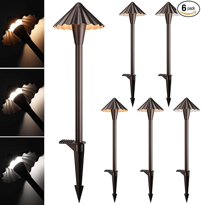 LEONLITE 3CCT Low Voltage Pathway Lights, LED Landscape Path Lights, 3000K/4000K/5000K, Ruffles Head, 12-24V AC/DC, IP65 Outdoor Walkway Light, Oil Rubbed Bronze Aluminum, Pack of 6