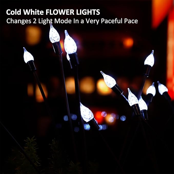 2 Pack Each 8 LEDs Solar Garden Lights Waterproof Outdoor Landscape Path Firefly Lights Single Spike Bulb Swaying Light Cold White
