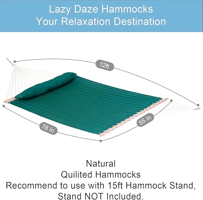 Lazy Daze Hammocks 12 FT Double Quilted Fabric Hammock with Spreader Bar and Detachable Pillow, 2 Person Hammock for Outdoor Patio Backyard Poolside, 450 LBS Weight Capacity, Dark Green