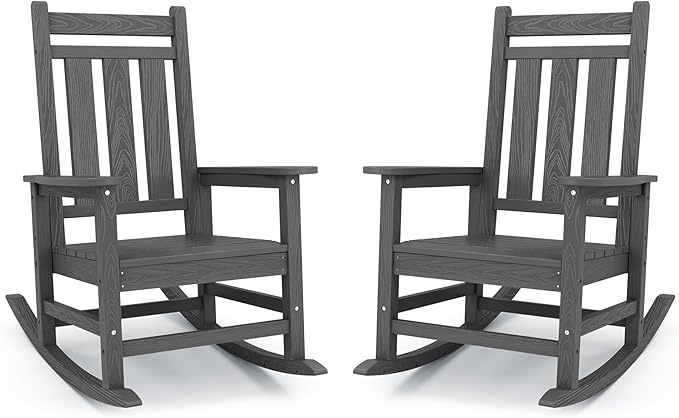 KINGYES Oversized Outdoor Rocking Chair Set of 2, All-Weather Patio Rocking Chairs for Porch, HDPE Outdoor Patio Rockers with High Back & Wide Seat for Garden, Lawn, Gray