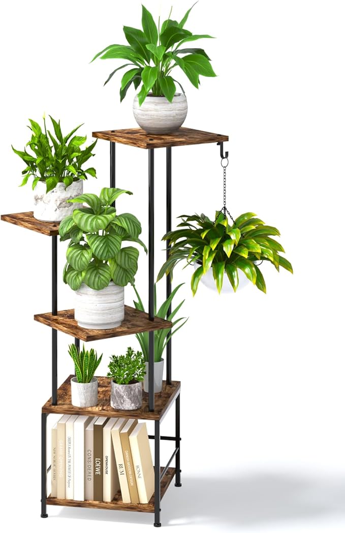 Plant Stand Indoor, 5-Tier Tall Plant Stand Indoor, Metal Plant Shelf with Hanging Basket Hook, Ideal Corner Plant Table for Living Room, Balcony, Garden, Patio (Brown)