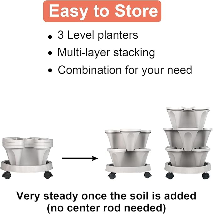 Vertical Planter 3 Tier Stackable Planters Garden Planters Strawberry Herb Flower and Vegetable Planter Indoor Outdoor Gardening Pots with Removable Wheels and Tools