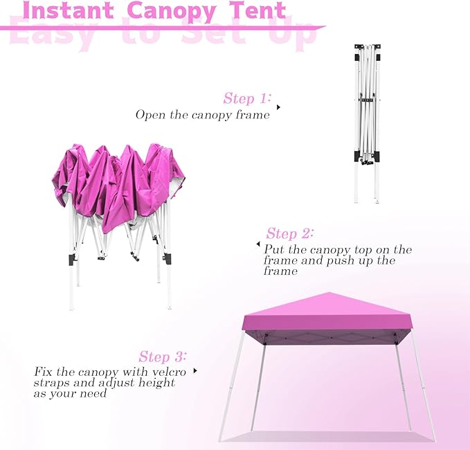 Canopy Tent, 10X10 FT Pop Up Canopy Outdoor Instant Tent Slant Legs with Carrying Bag, Portable Gazebo Shelter for Patio Deck Garden and Beach - 8X8 FT Canopy Cover (Pink)