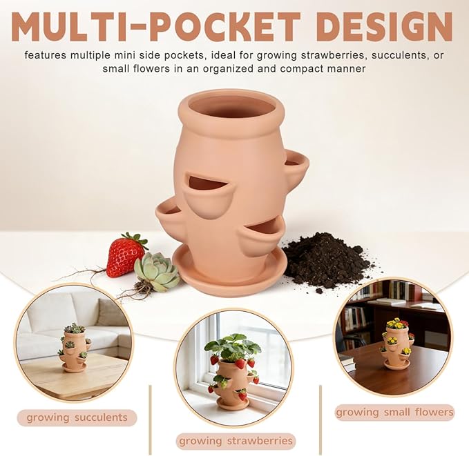 Strawberry Planter Garden Tower with 6 Pocket Terracotta Pot Vertical Garden Planters Pot Versatile Flower Container for Home Patio Balconies Gardening