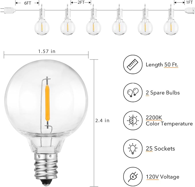 Brightown Outdoor String Lights, 50FT 25 G40 Bulbs Shatterproof Patio Lights, IP65 Waterproof Dimmable Hanging Connectable Globe LED Outdoor Lights for Backyard, Bistro, Porch, Deck, Balcony, White