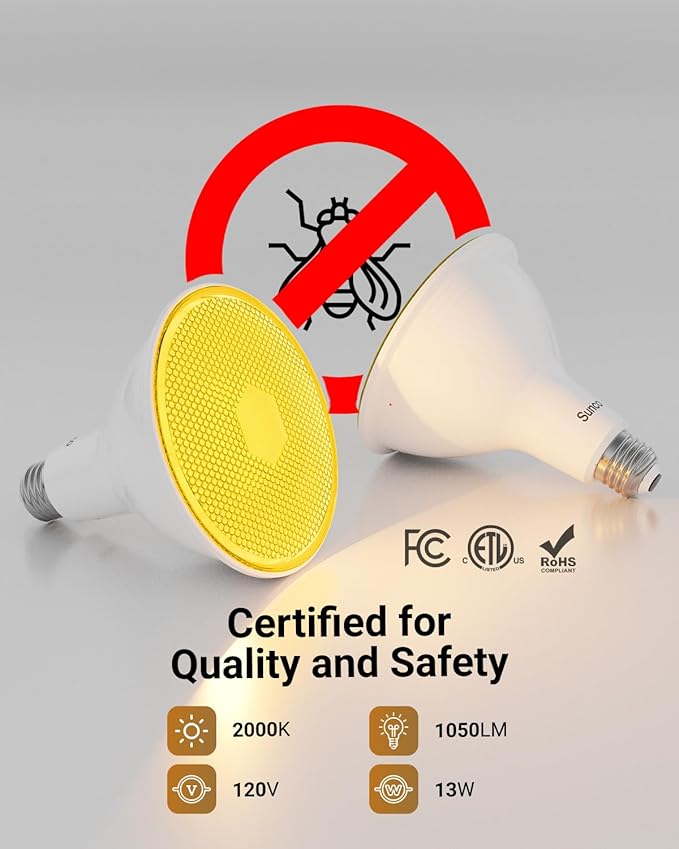 Sunco LED Yellow Bug Light Bulbs Outdoor PAR38 Bug Repellent Light for Porch, Backyard, Outside, 13W=90W, 2000K Amber Glow, Dimmable, 1050 LM, E26, Wet Rated, Instant On, Flicker Free ETL 4 Pack.