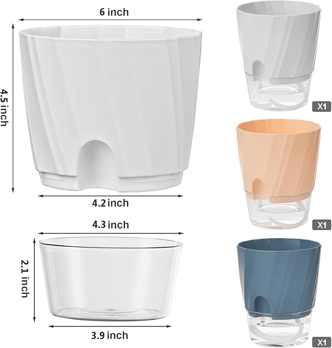 KIMCHOMERSE Self Watering Plant Pots, 6 Inch Plant Pots White, Pink, Blue, 3 Pack Flowers Pot Indoor Planter Pots with Tray for Spider Plant, Orchid, African Violet