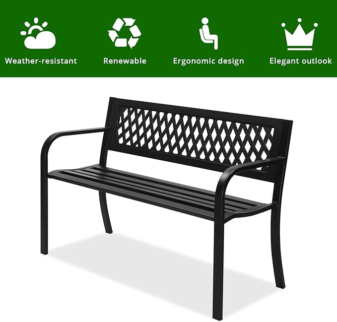 VINGLI 47'' Outdoor Bench, Weather Resistant Garden Patio Bench Powder Coated Iron Frame w/PVC Mesh Backrest Slatted Seat, 2-Person Outdoor Furniture for Front Porch Entryway Park (Black)