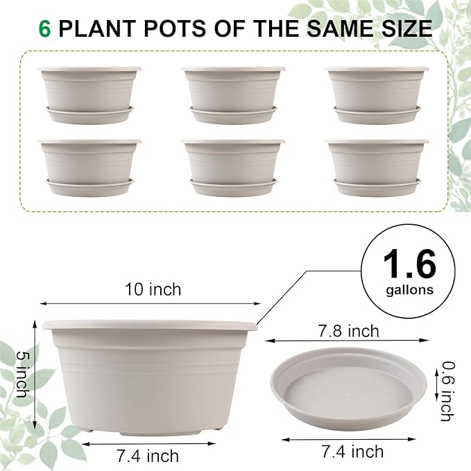 6 Pack 10 inch Plant Pot, Outdoor Pots for Plants with Drainage Hole & Tray Saucer, Round Plastic Plant Pot, Decoration Flower Pots for Indoor Plants Home Garden Outdoor Planters (Gray White)