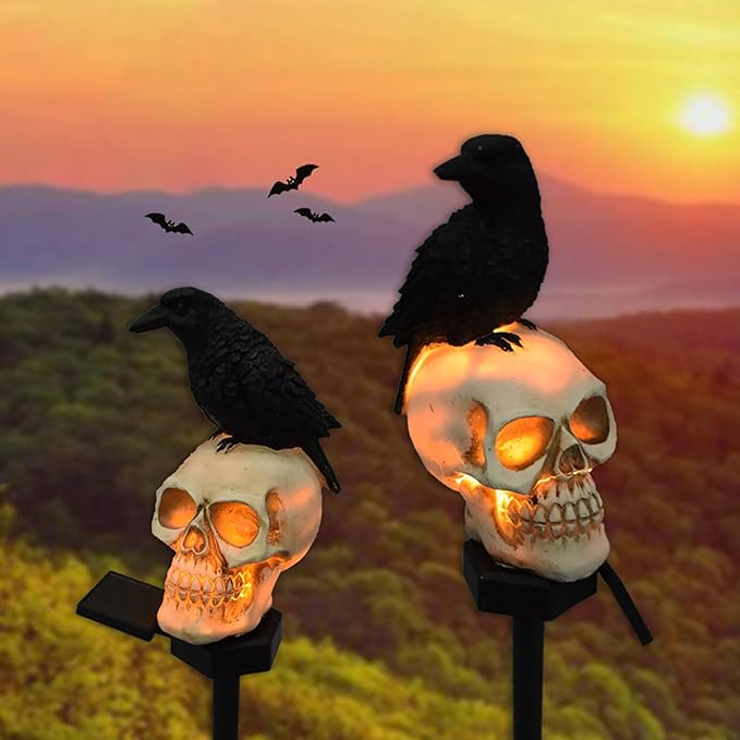 Outdoor Solar Lights, Crow Solar Lights Outdoor Waterproof Halloween Skull Light with Stakes Solar White Crow Light Garden Decor for Yard, Lawn