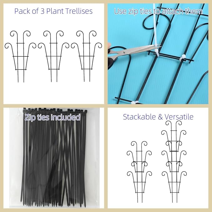 Garden Plant Trellis for Indoor Plants, Stackable Metal Trellis Supports for Climbing Plants or Houseplants, 3 Pack, Black (10"(W) x 17"(H))