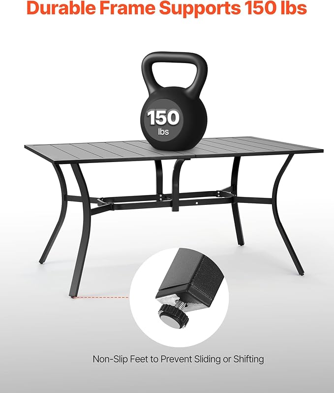 VEVOR Outdoor Patio Dining Table, 59 inch Long Rectangular Metal Steel Slat Backyard Bistro Tables for 4-6, with 1.5 in Umbrella Hole, All-Weather Large Furniture for Lawn Garden Porch, Black