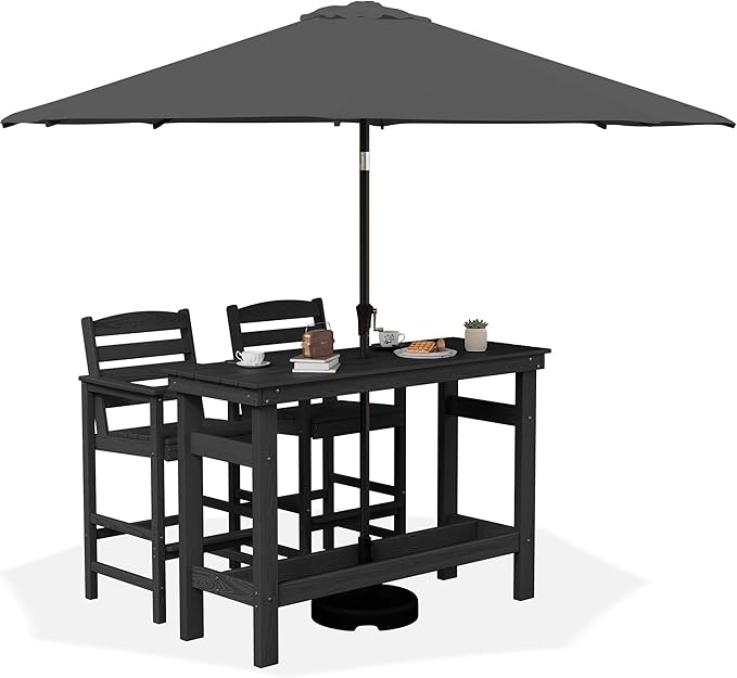 SERWALL Outdoor Bar Set with 9ft Umbrella, All-Weather HDPE Patio Bar Chairs and Table, Outdoor Furniture Set for Poolside, Backyard, Garden - Black