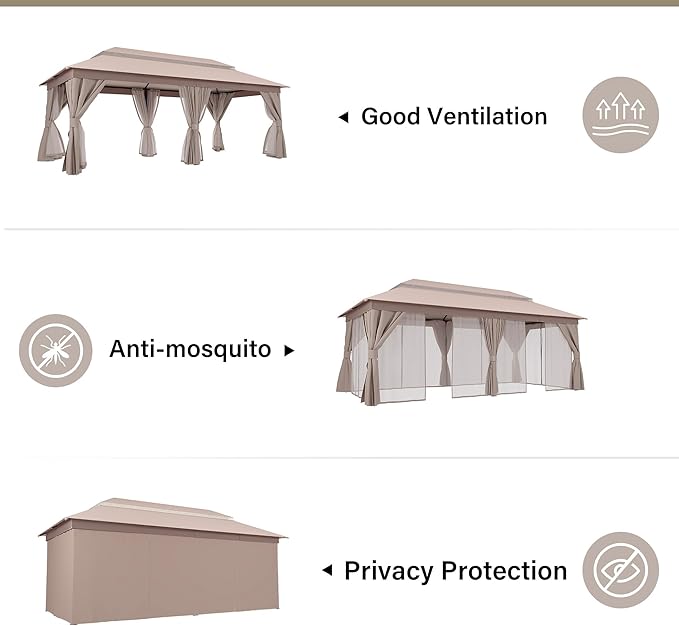 LAUSAINT HOME Semi-Permanent Outdoor Patio Gazebo 10'x20', Heavy Duty Party Tent Shelter with Double Roofs, Mosquito Nettings and Privacy Screens for Backyard, Garden, Lawn, Khaki