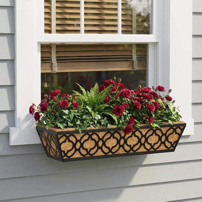 Y&M Flower Boxes for Deck Railings 24inch 4packs, Deck Railing Planter Boxes with Coir Liner Outdoor Railing Window Boxes Planters Hanging Planter Flower Box
