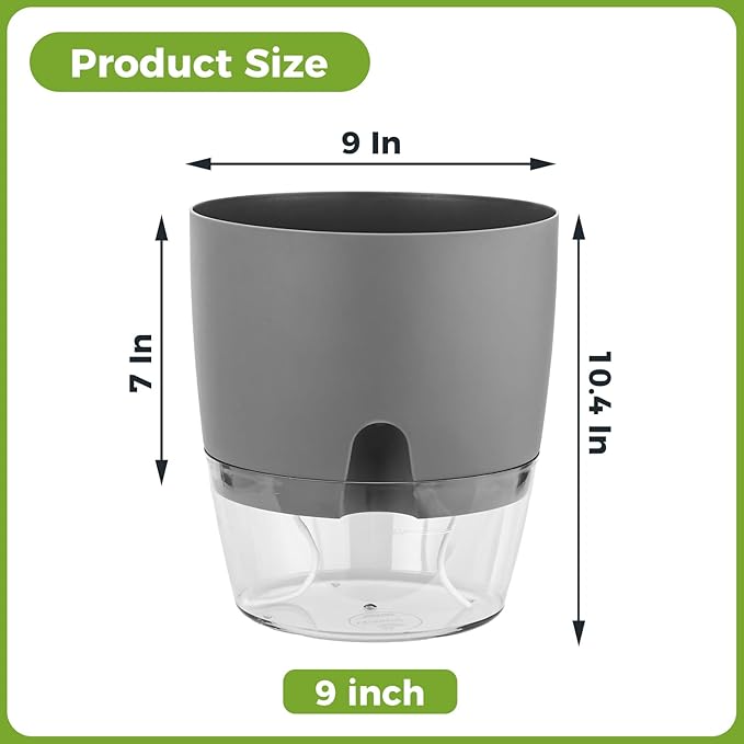 Planterhoma 5 Pack Self Watering Pots for Indoor Plants, 9 Inch Plant Pot Plastic Self Watering Planter for Orchid, Monstera, Lily, Large Clear Flower Pots with Drainage Holes and Wicking Rope, Gray