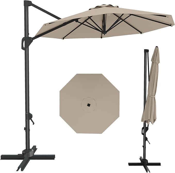 GarveeLife 10FT Patio Umbrella Outdoor Large Cantilever Umbrella Market Sun Shade Windproof Offset Umbrella with 360-Degree Rotation for Garden Deck Pool Patio, Tan