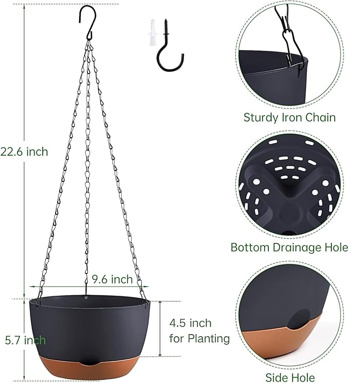 Hanging Planters for Indoor Plants, Set of 2 8/10 Inch Self-Watering Hanging Pots with Drainage Hole & Removable Water-Storage Tray II Screw-in Hooks
